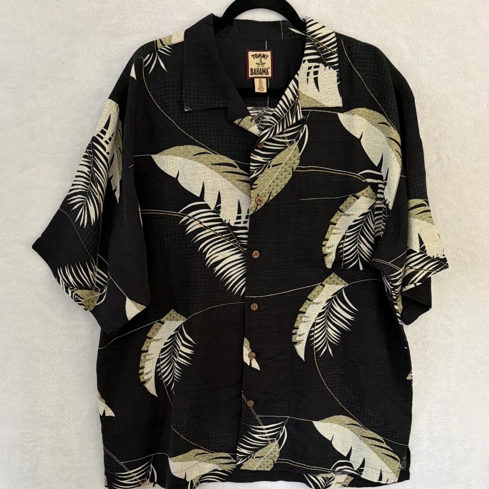 Tommy Bahama Mens XL Silk Linen Black Palm Leaf Tropical Camp Shirt Short Sleeve